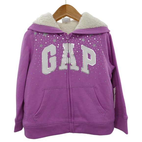 NWT Baby Gap Sherpa Lined Kanga Hoodie Size 4T Purple Sparkle Stars Logo Jacket - Picture 2 of 9